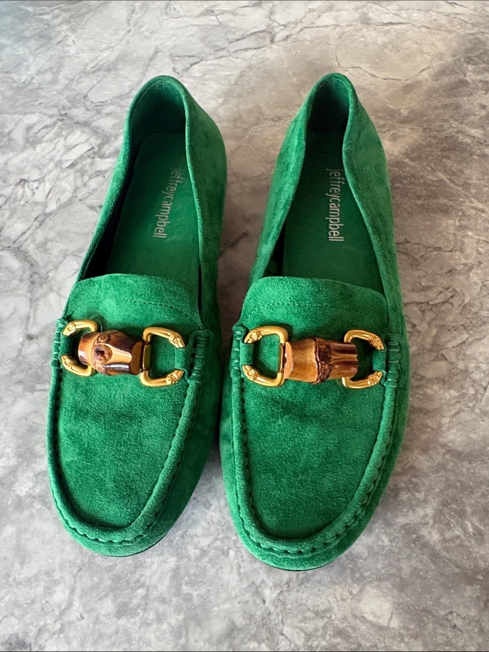 Jeffrey Campbell Green Suede Loafers with Gold Buckle